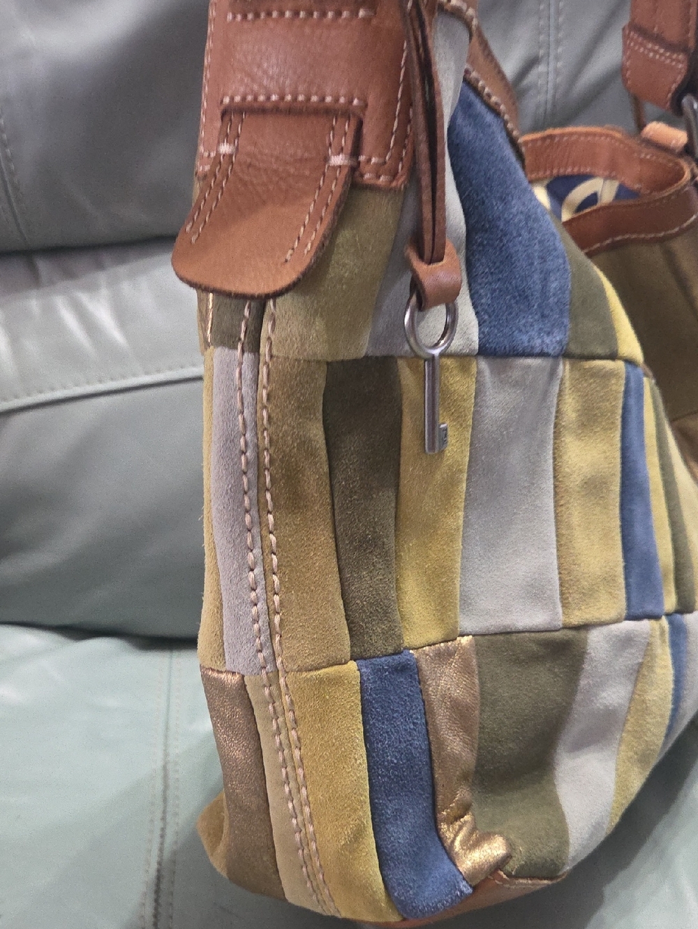 Patchwork Stripe Shoulder Bag in Blue, Green, Gold & Gray - Suede By Fossil - Picture 7 of 8